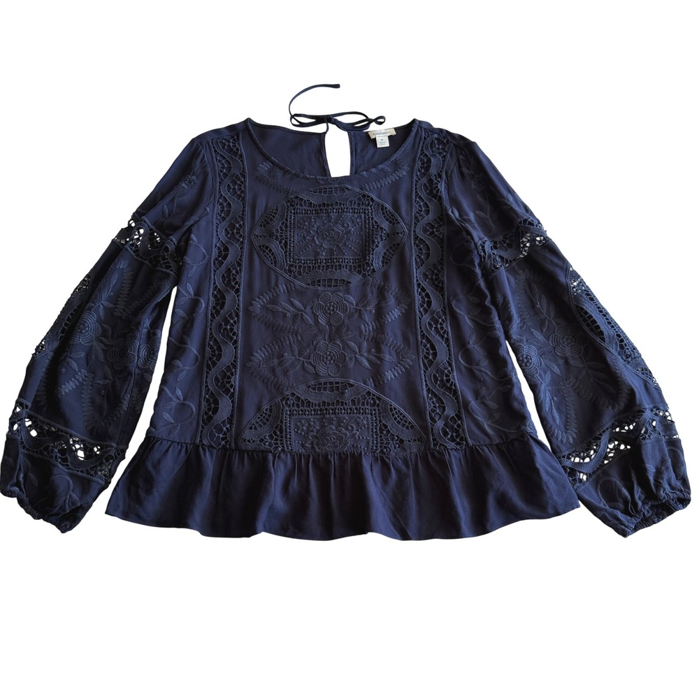 Sundance Embroidered Rayon Peplum Scoopneck Puff Sleeve Navy Blouse Shirt M